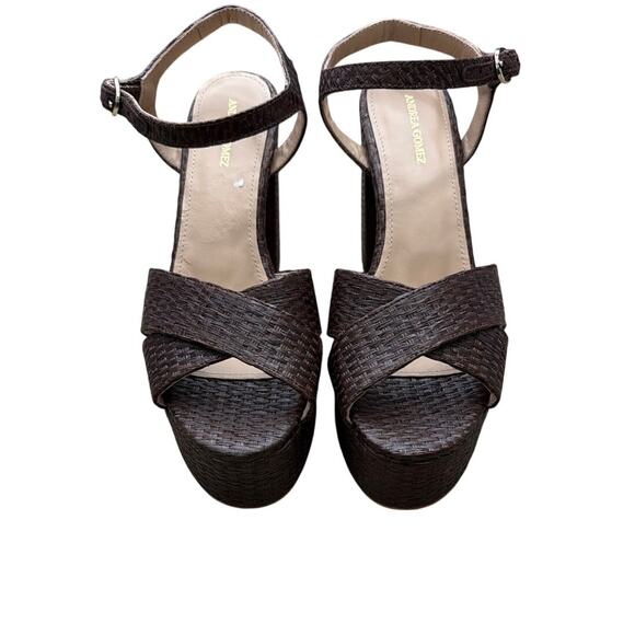 Andrea Gomez Bella Raffia Platform Sandals Heels Dark Brown Size 37 US 7 - Picture 2 of 6